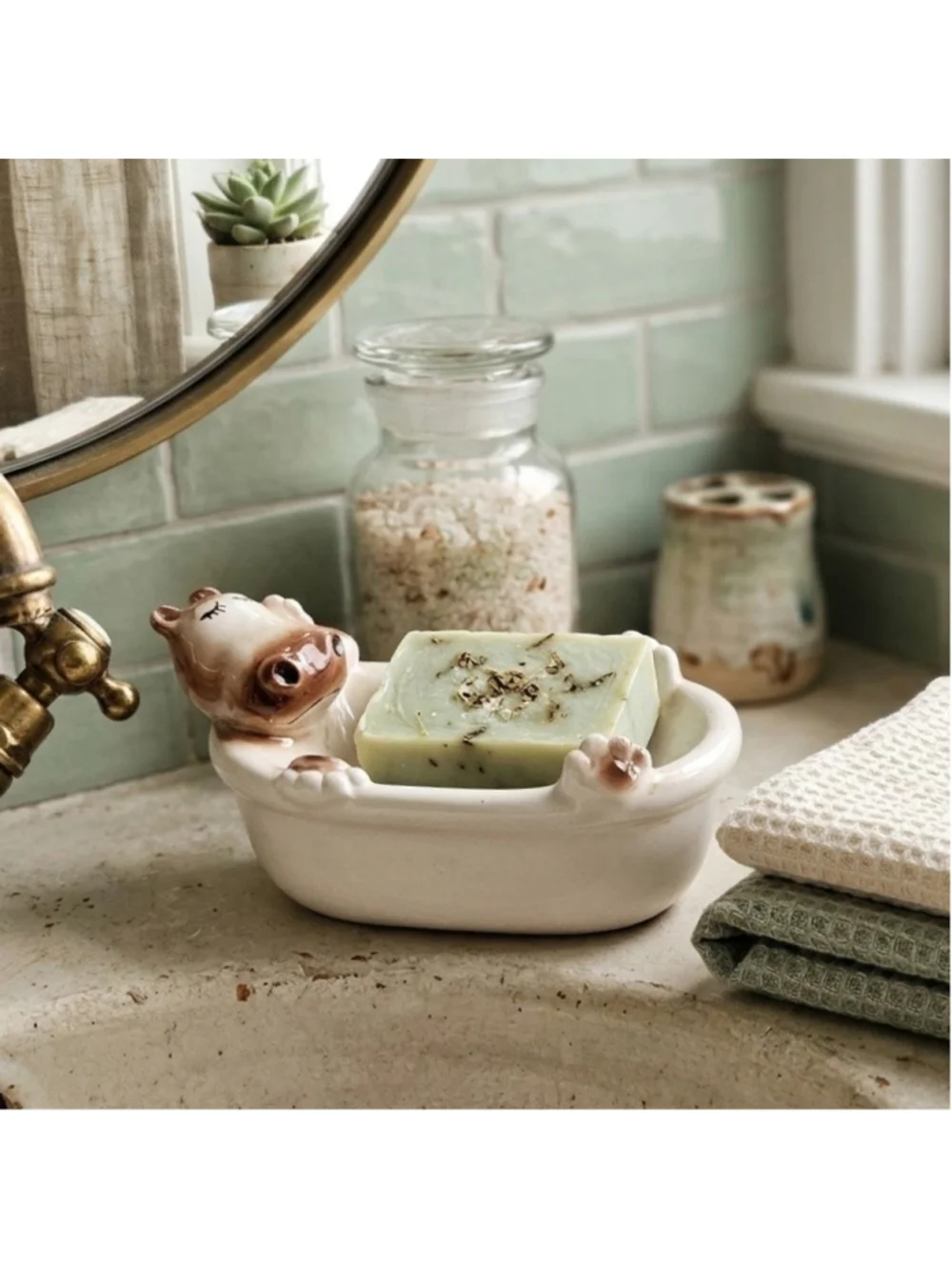 Vintage 1976 Seymour Mann Ceramic Hippo in Bathtub Soap Dish Sponge Holder